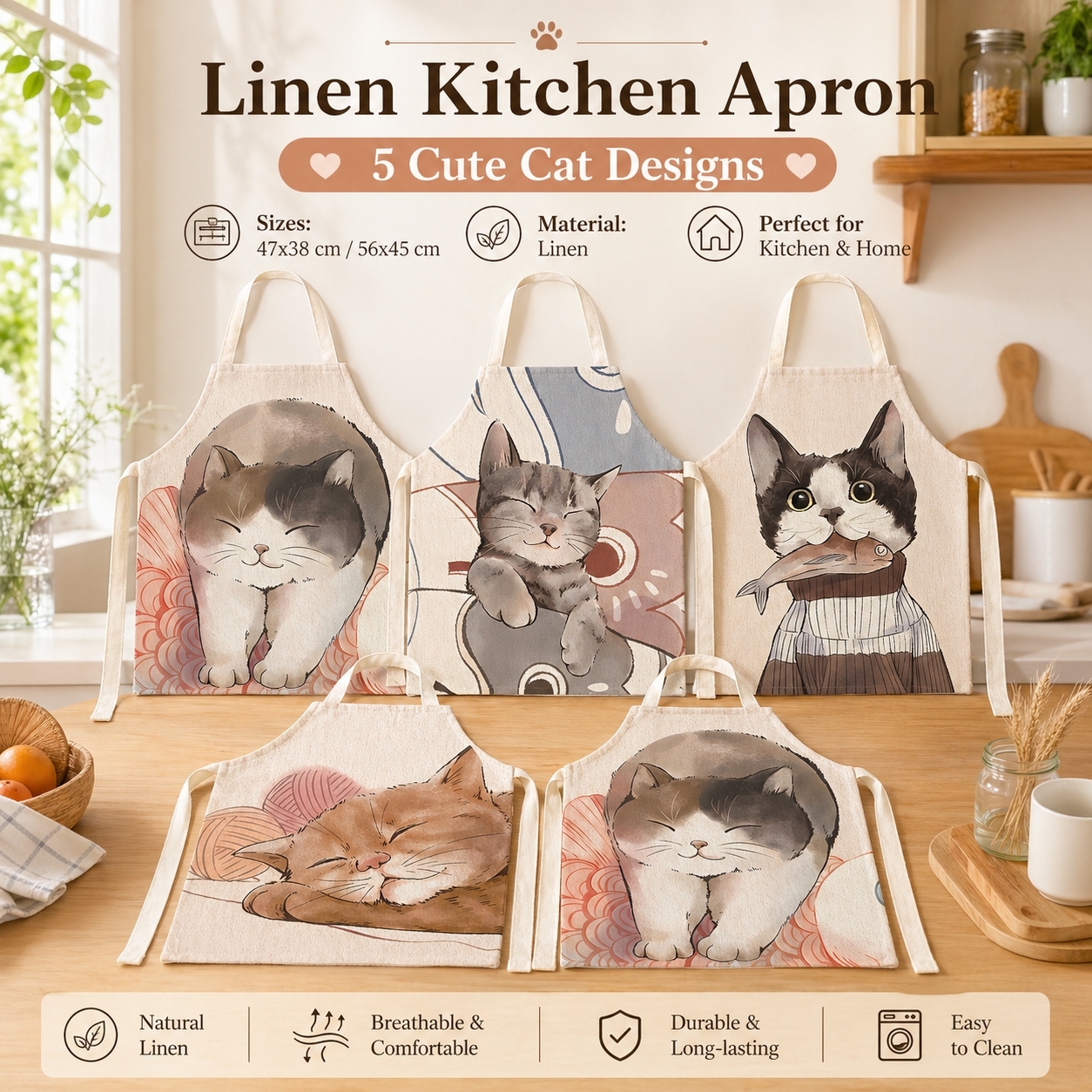 Cute Cat Printed Linen Kitchen - Home Cooking For Cats incelemesi ve fiyatı