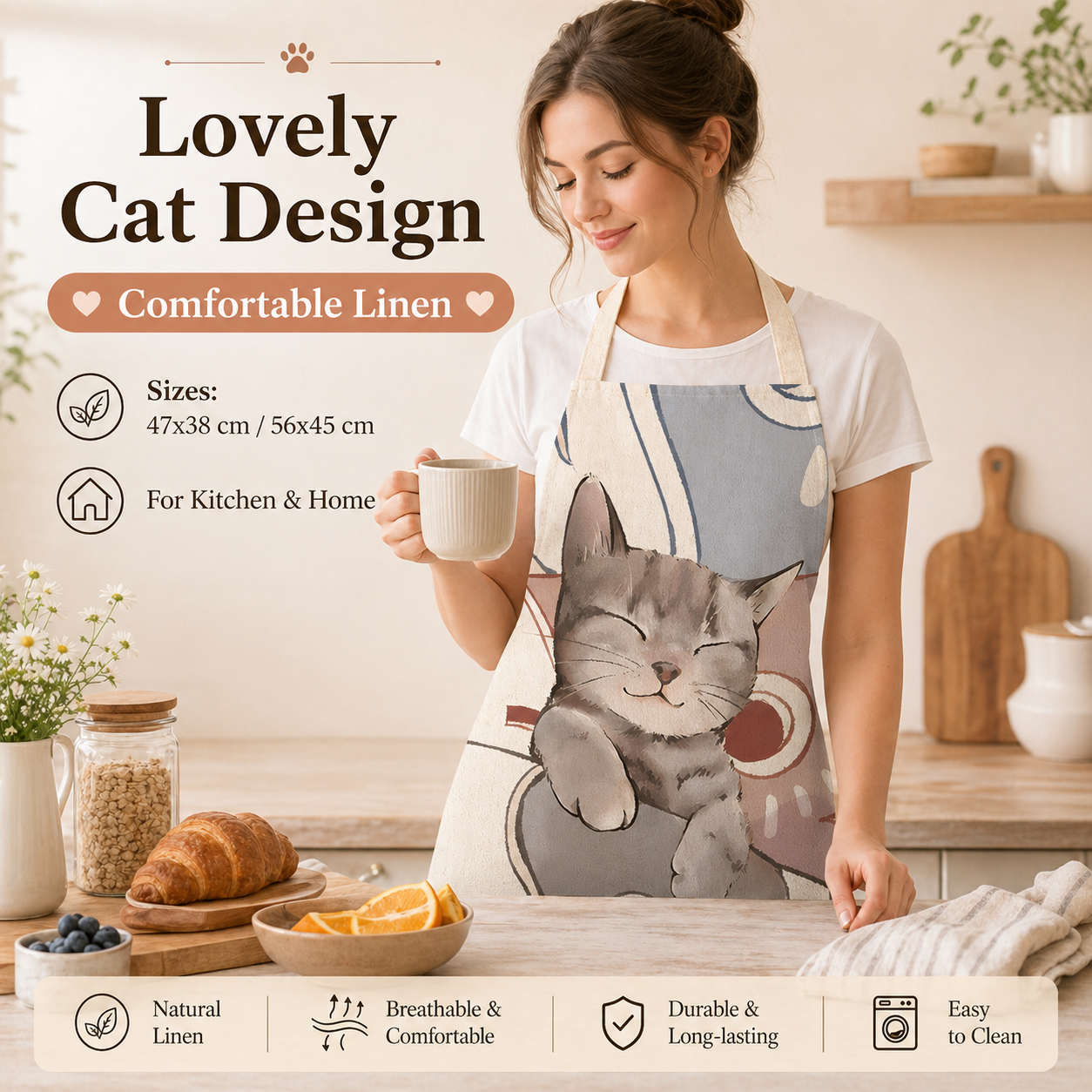 Cute Cat Printed Linen Kitchen - Home Cooking For Cats incelemesi ve fiyatı