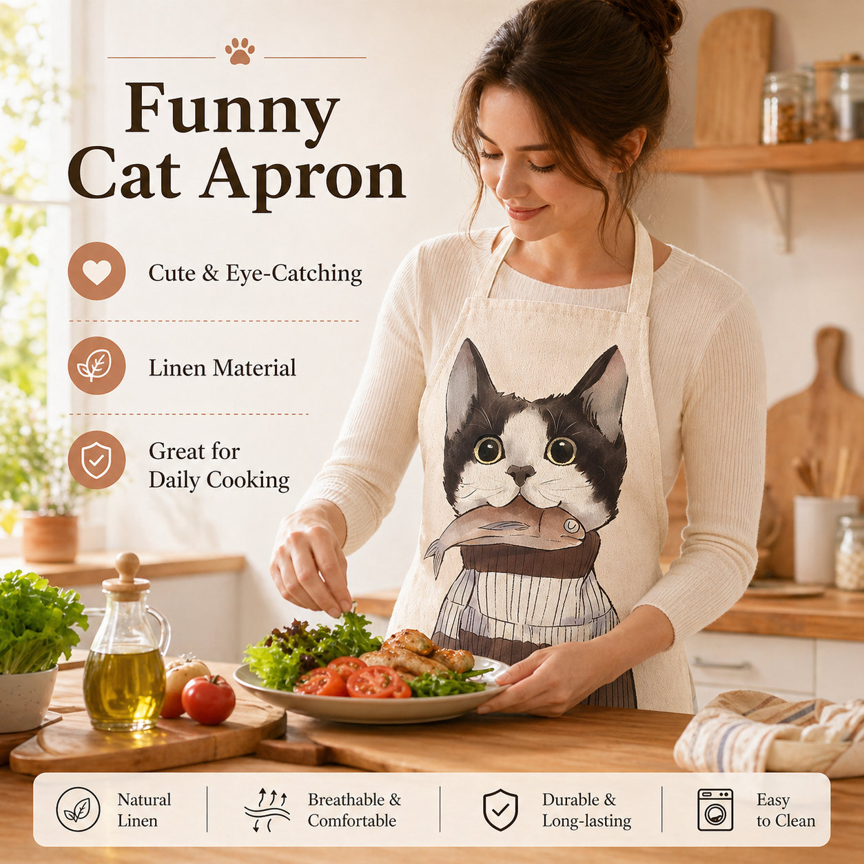 Cute Cat Printed Linen Kitchen - Home Cooking For Cats incelemesi ve fiyatı